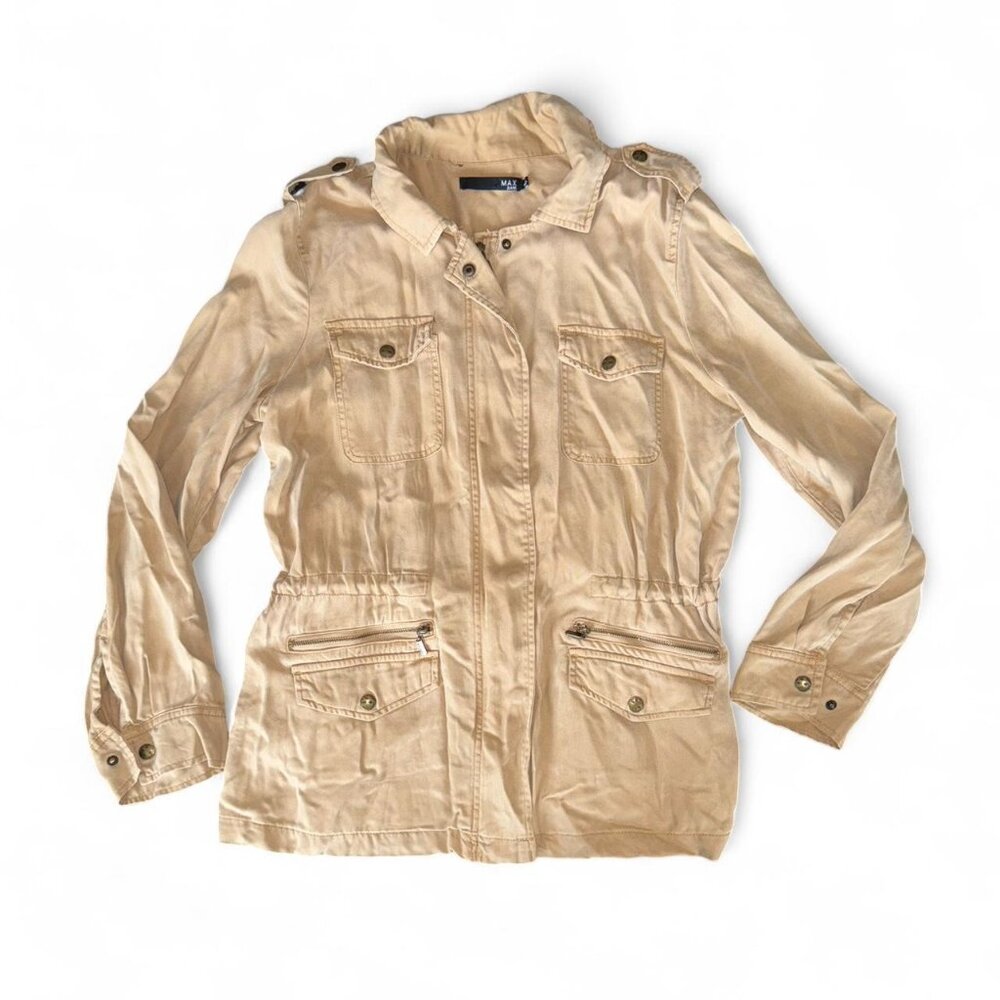 Max Jeans Khaki Colored Tan Moto Zip-Up Button-Up Jacket Women’s Size Medium